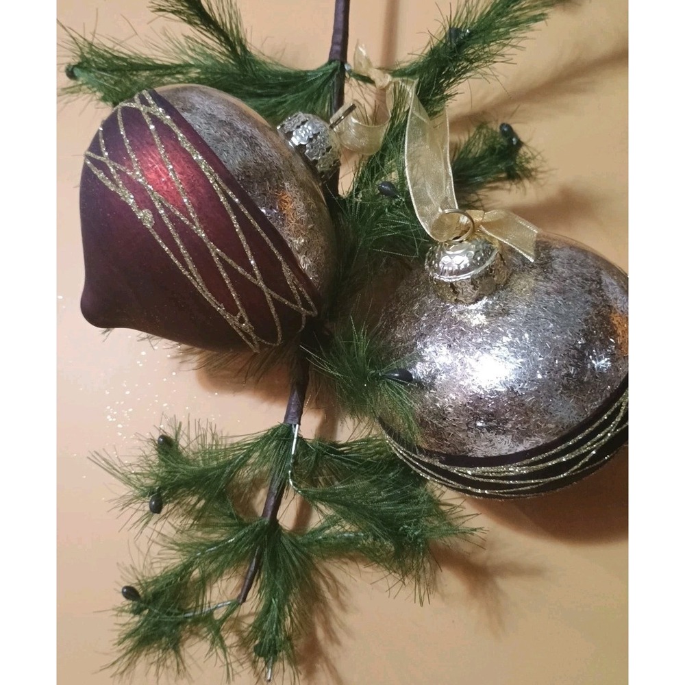 Pair Of Frontgate Glass Gold & Maroon Glitter Round‎ Christmas Ornaments 4.5"
